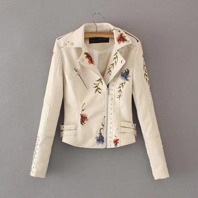 Gorgeous Floral Print Embroidery Faux Soft Leather Jacket Coat - Turn Down Collar - Casual Black Punk Outerwear (TB8B)