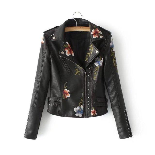 Gorgeous Floral Print Embroidery Faux Soft Leather Jacket Coat - Turn Down Collar - Casual Black Punk Outerwear (TB8B)
