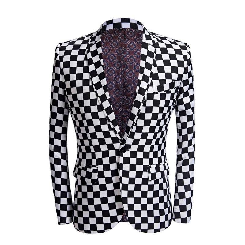Fashion Suit - Men Black White Plaid Print 2 Pieces Set - Latest Coat Pant Designs Slim Fit Suit (T1M)(CC5)