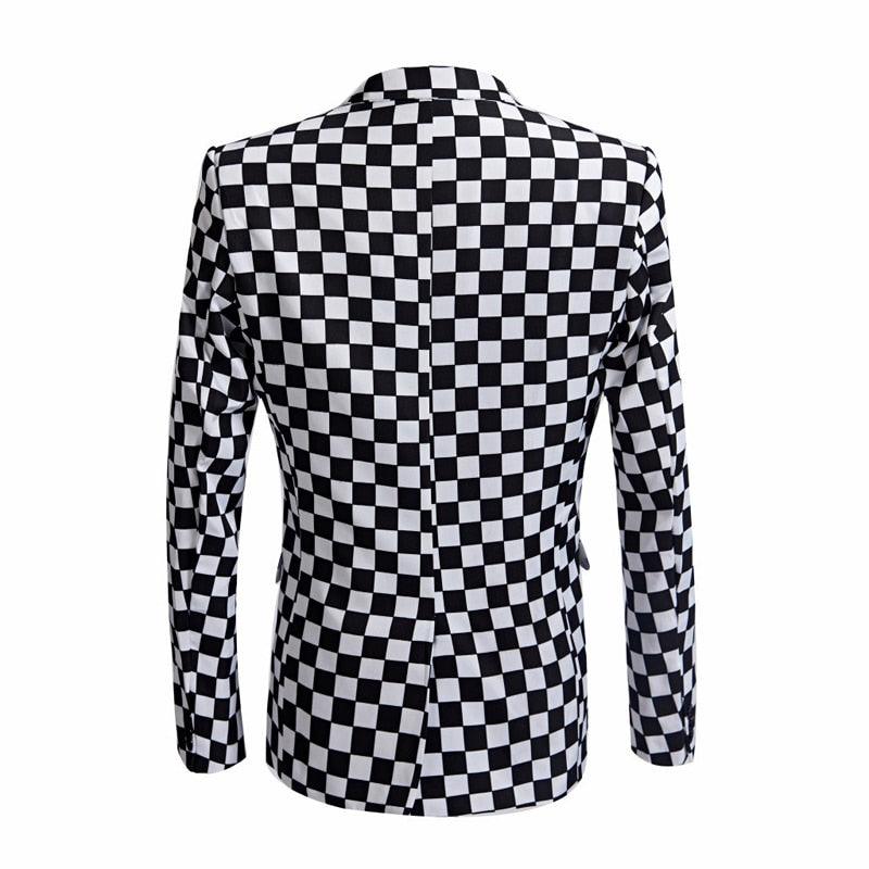 Fashion Suit - Men Black White Plaid Print 2 Pieces Set - Latest Coat Pant Designs Slim Fit Suit (T1M)(CC5)