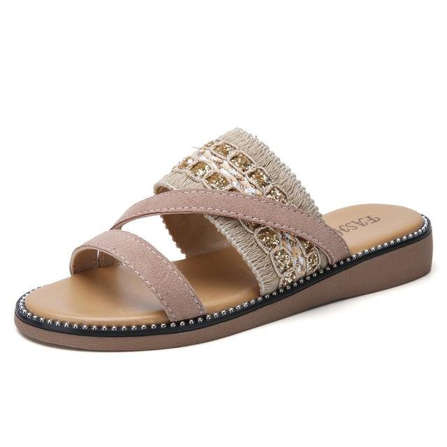 Summer Slippers - Women Flat Sandals -Slip-on Woven Round Toe Leather Suede Flat Flip Flops (SS4)(SS2)