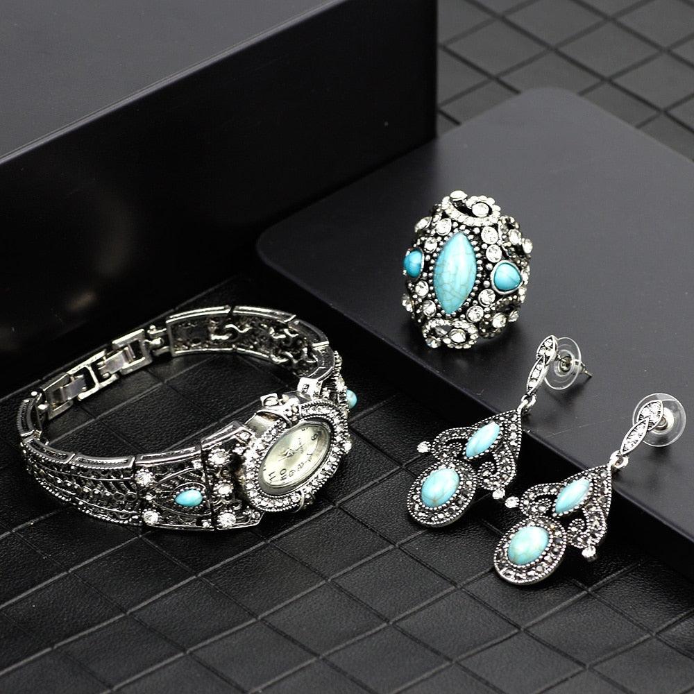 Gorgeous Vintage Retro Silver Color Cuff Bracelet Watch, Ring, Drop Earring Blue Stone Jewelry Set (1JW)(F82)(F81)