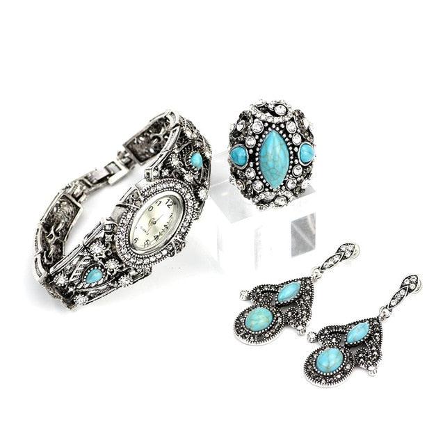 Gorgeous Vintage Retro Silver Color Cuff Bracelet Watch, Ring, Drop Earring Blue Stone Jewelry Set (1JW)(F82)(F81)