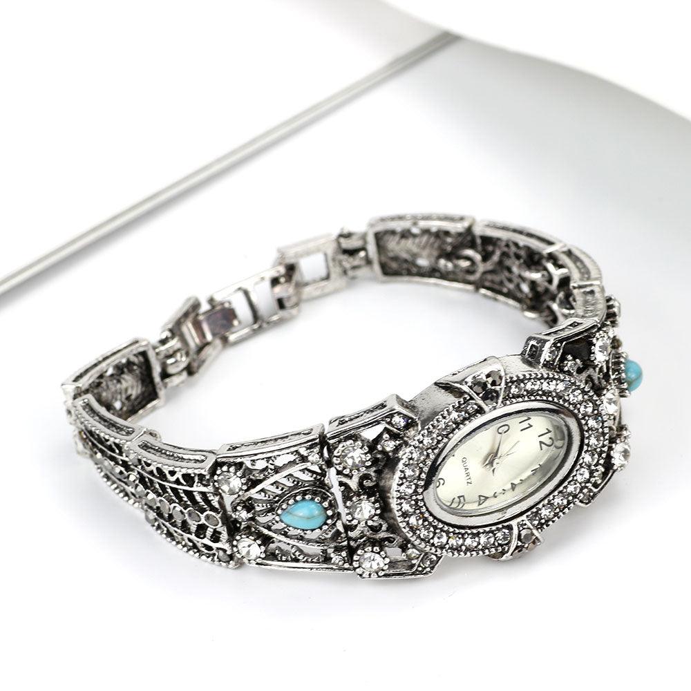 Gorgeous Vintage Retro Silver Color Cuff Bracelet Watch, Ring, Drop Earring Blue Stone Jewelry Set (1JW)(F82)(F81)