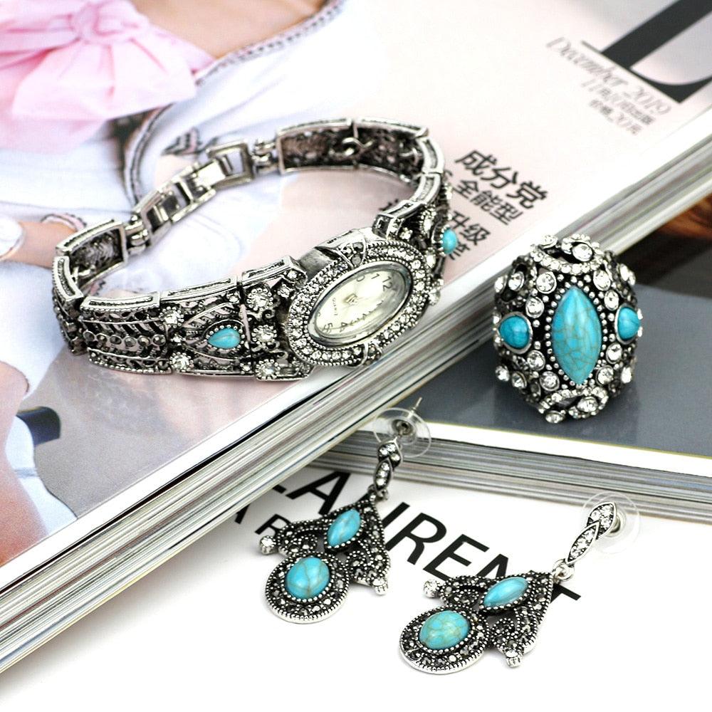 Gorgeous Vintage Retro Silver Color Cuff Bracelet Watch, Ring, Drop Earring Blue Stone Jewelry Set (1JW)(F82)(F81)
