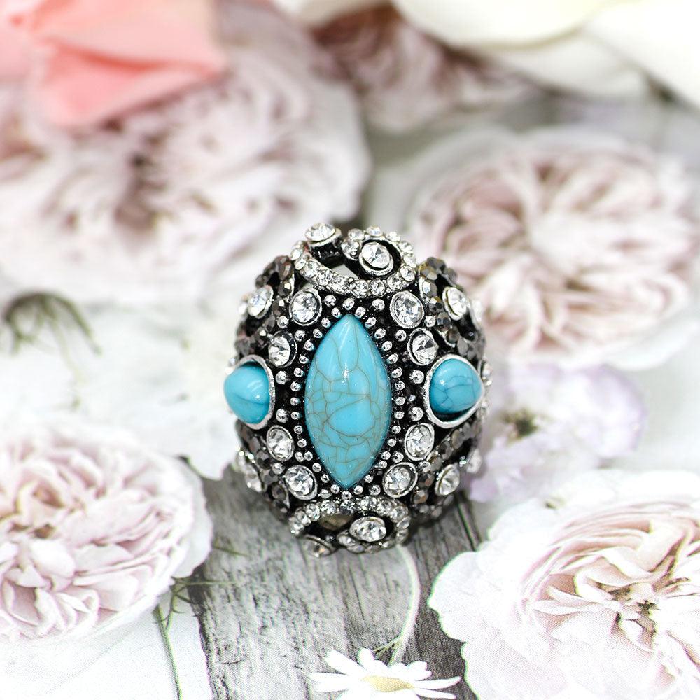 Gorgeous Vintage Retro Silver Color Cuff Bracelet Watch, Ring, Drop Earring Blue Stone Jewelry Set (1JW)(F82)(F81)