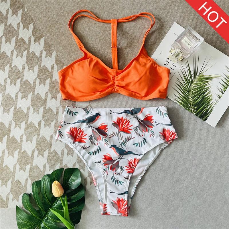 Hot Orange Print High Waist Bikini Set - Women Swimwear - Sexy Brazilian Biquini Swimsuit Push Up Bikinis Female Bathing Suit (TB8D)(1U26)(F26) - Deals DejaVu