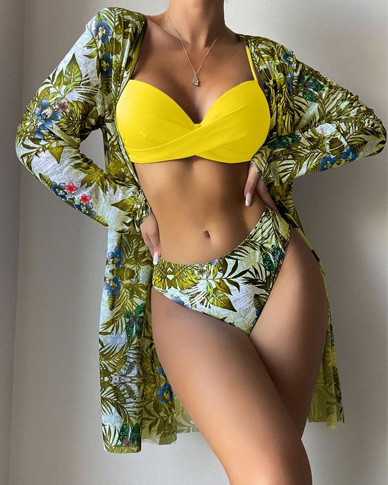 Great Floral Twist Low Waist Bikini Set - Cover Up Swimsuit For Women Push Up Long Sleeve Three Pieces Swimwear - Beach Bathing Suits (TB8D)(1U26)(F26) - Deals DejaVu