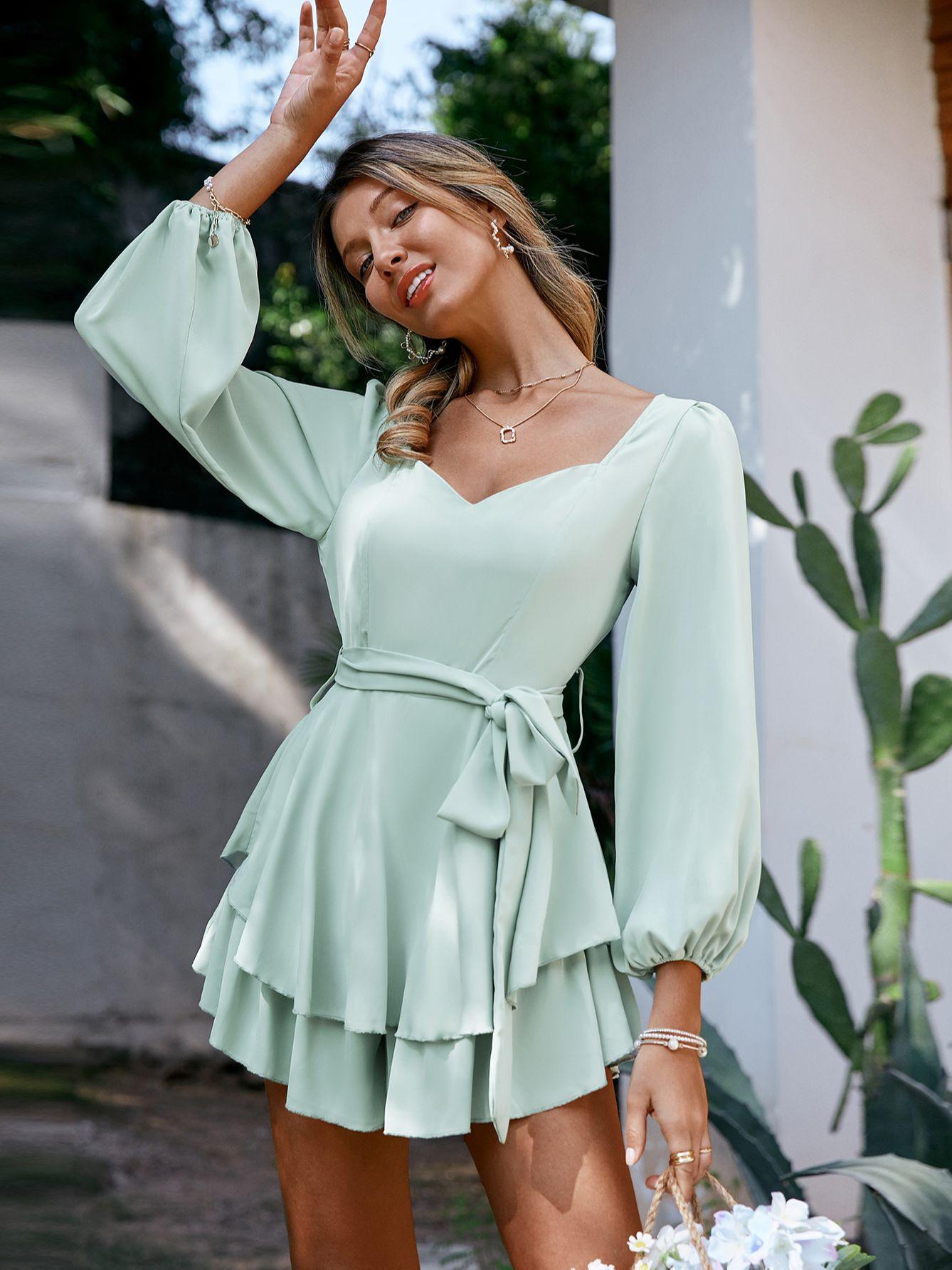 Trending Holiday sash long sleeve ruffle print romper - summer women Lace up floral short overall A-line v-neck beach rompers (BWD)(WS06)(F30)(2U30) - Deals DejaVu