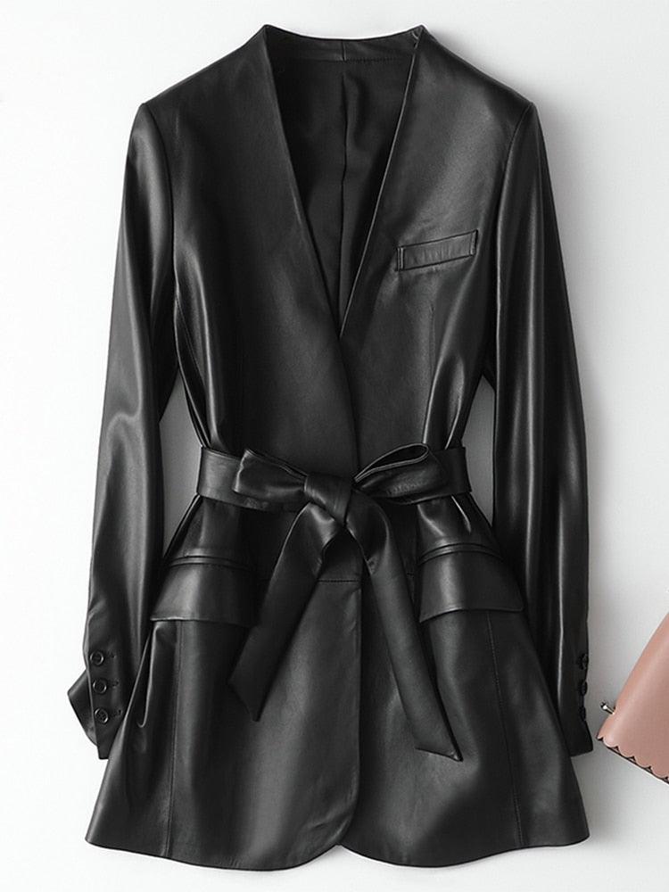 Autumn Black Women Soft Light Faux Leather Jackets - Deep V-Neck Belt Plus Size Elegant Luxury Korean Fashion (TB8B)(TB8A)(TP3)(1U23) - Deals DejaVu
