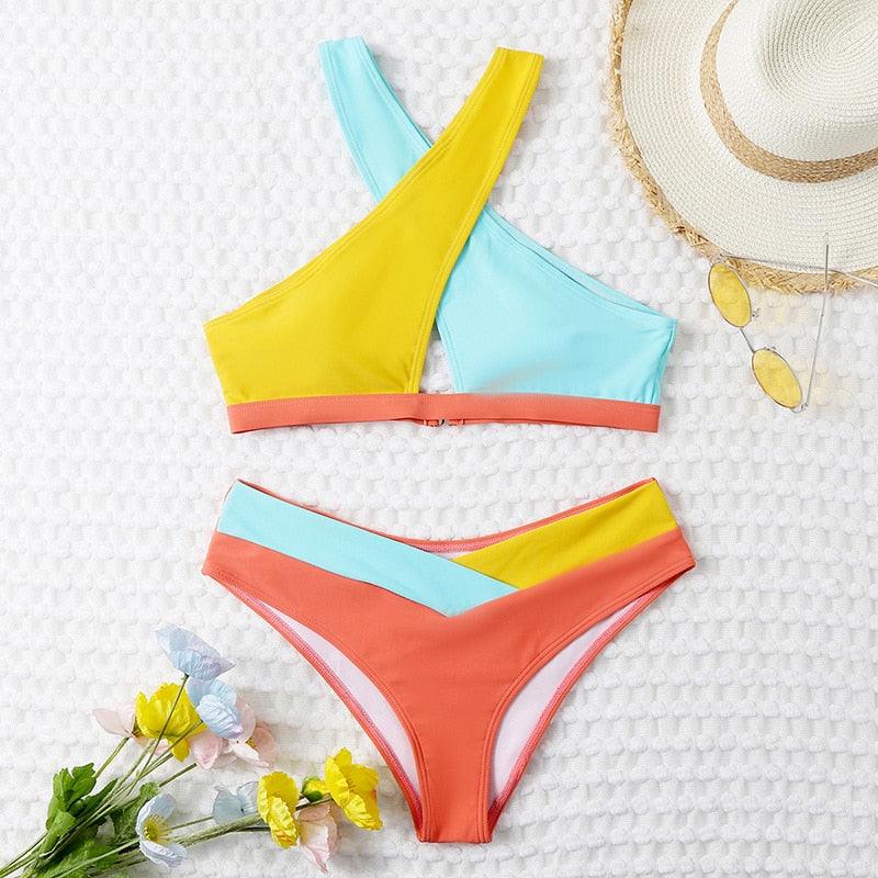 Gorgeous Sexy High Waist Cross Color Matching Bikini Swimwear Push Up - Swimsuit Bikinis Set for Women Bathing Suit Female Biquini (TB8D)(1U26)(F26) - Deals DejaVu