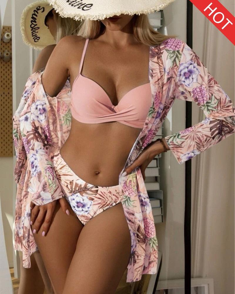 Great Floral Twist Low Waist Bikini Set - Cover Up Swimsuit For Women Push Up Long Sleeve Three Pieces Swimwear - Beach Bathing Suits (TB8D)(1U26)(F26) - Deals DejaVu