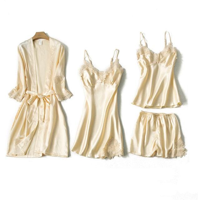Trending Sexy Women's Robe & Gown Sets - Lace Bathrobe + Night Dress - 4 Pieces Sleepwear Set (ZP1)