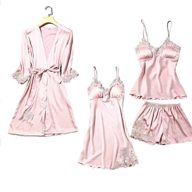 Trending Sexy Women's Robe & Gown Sets - Lace Bathrobe + Night Dress - 4 Pieces Sleepwear Set (ZP1)