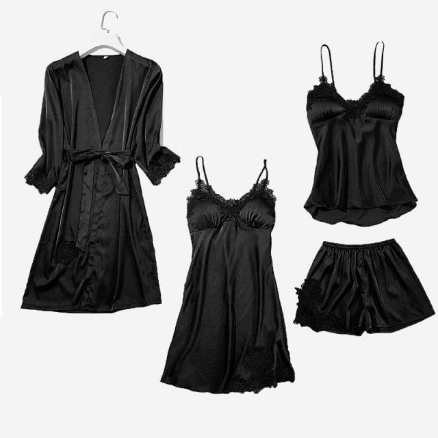 Trending Sexy Women's Robe & Gown Sets - Lace Bathrobe + Night Dress - 4 Pieces Sleepwear Set (ZP1)