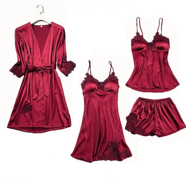 Trending Sexy Women's Robe & Gown Sets - Lace Bathrobe + Night Dress - 4 Pieces Sleepwear Set (ZP1)