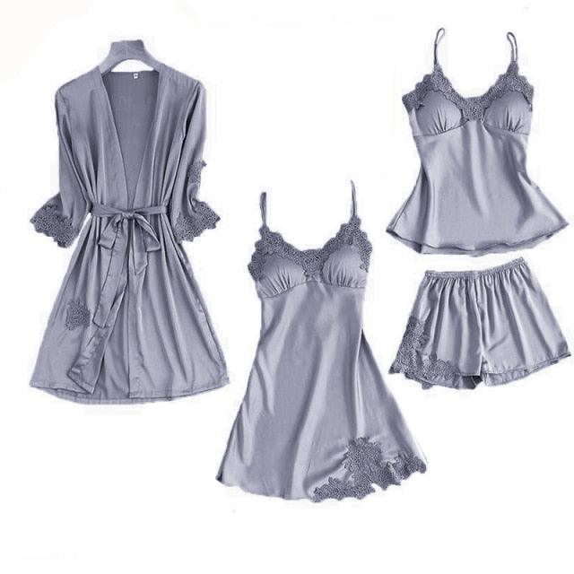 Trending Sexy Women's Robe & Gown Sets - Lace Bathrobe + Night Dress - 4 Pieces Sleepwear Set (ZP1)