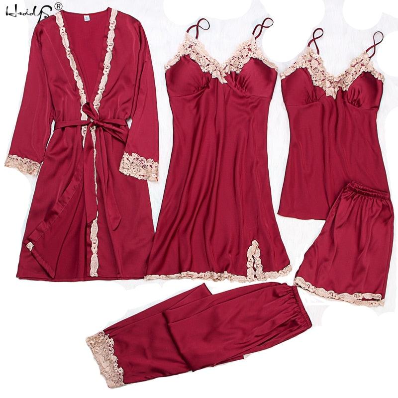 Amazing Women Sleepwear - With Chest Pads Sexy Women Pajamas Set- Lace Silk Sleep Lounge 5 Pieces Sets (ZP1)(F90)
