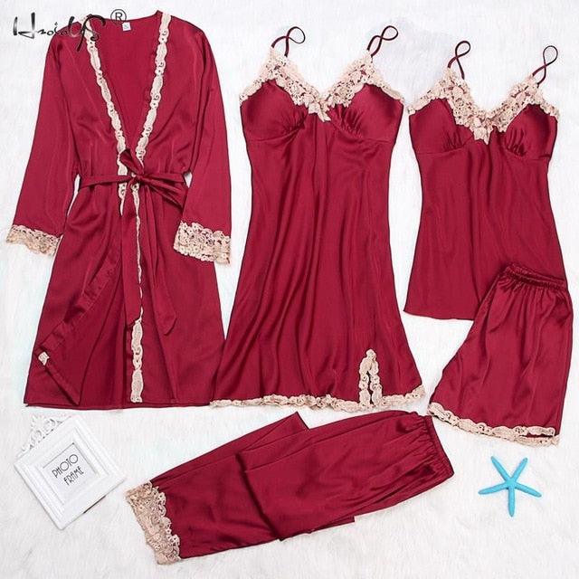 Amazing Women Sleepwear - With Chest Pads Sexy Women Pajamas Set- Lace Silk Sleep Lounge 5 Pieces Sets (ZP1)(F90)