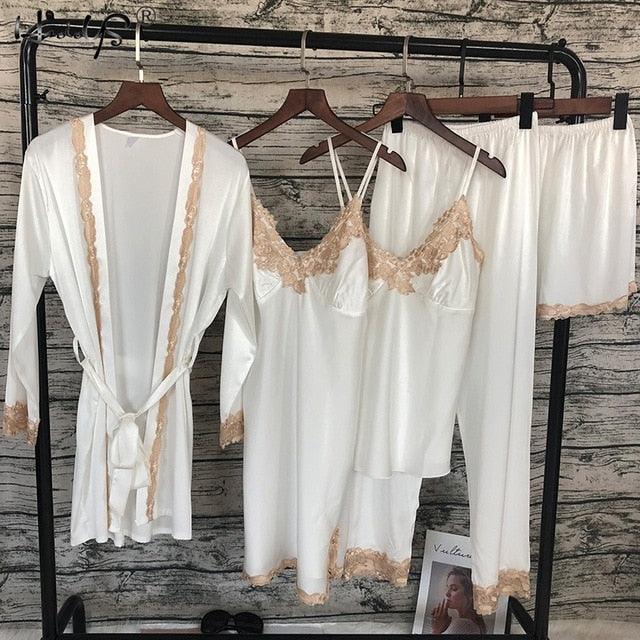 Amazing Women Sleepwear - With Chest Pads Sexy Women Pajamas Set- Lace Silk Sleep Lounge 5 Pieces Sets (ZP1)(F90)