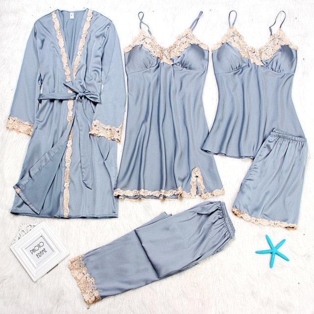Amazing Women Sleepwear - With Chest Pads Sexy Women Pajamas Set- Lace Silk Sleep Lounge 5 Pieces Sets (ZP1)(F90)