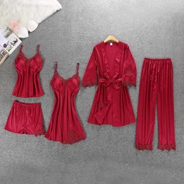 Amazing Women Sleepwear - With Chest Pads Sexy Women Pajamas Set- Lace Silk Sleep Lounge 5 Pieces Sets (ZP1)(F90)