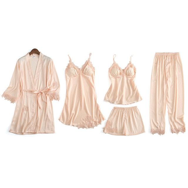 Amazing Women Sleepwear - With Chest Pads Sexy Women Pajamas Set- Lace Silk Sleep Lounge 5 Pieces Sets (ZP1)(F90)