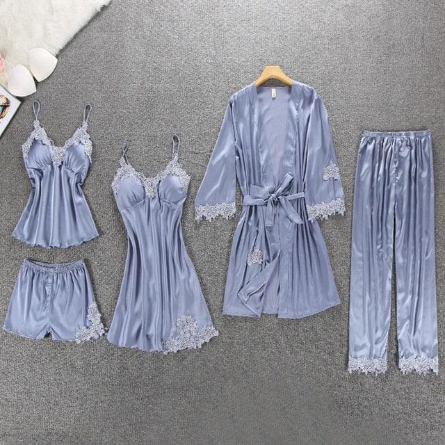 Amazing Women Sleepwear - With Chest Pads Sexy Women Pajamas Set- Lace Silk Sleep Lounge 5 Pieces Sets (ZP1)(F90)