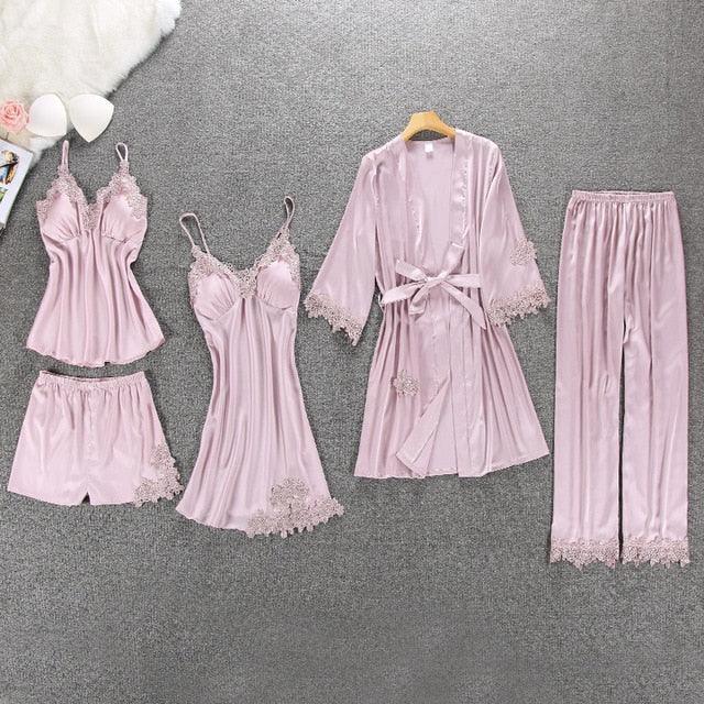 Amazing Women Sleepwear - With Chest Pads Sexy Women Pajamas Set- Lace Silk Sleep Lounge 5 Pieces Sets (ZP1)(F90)