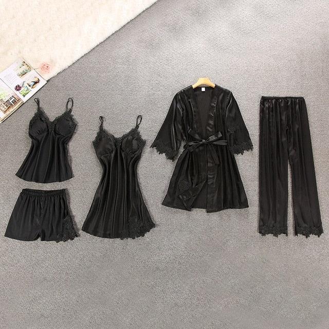 Amazing Women Sleepwear - With Chest Pads Sexy Women Pajamas Set- Lace Silk Sleep Lounge 5 Pieces Sets (ZP1)(F90)