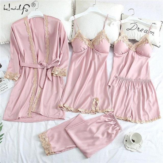 Amazing Women Sleepwear - With Chest Pads Sexy Women Pajamas Set- Lace Silk Sleep Lounge 5 Pieces Sets (ZP1)(F90)