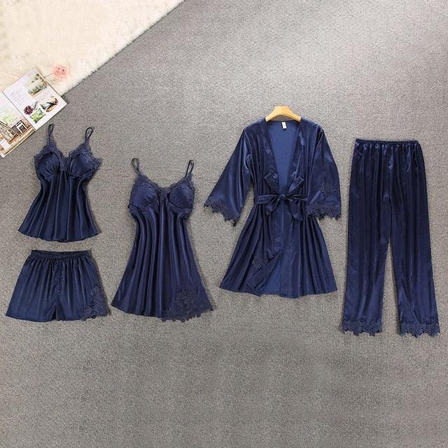 Amazing Women Sleepwear - With Chest Pads Sexy Women Pajamas Set- Lace Silk Sleep Lounge 5 Pieces Sets (ZP1)(F90)