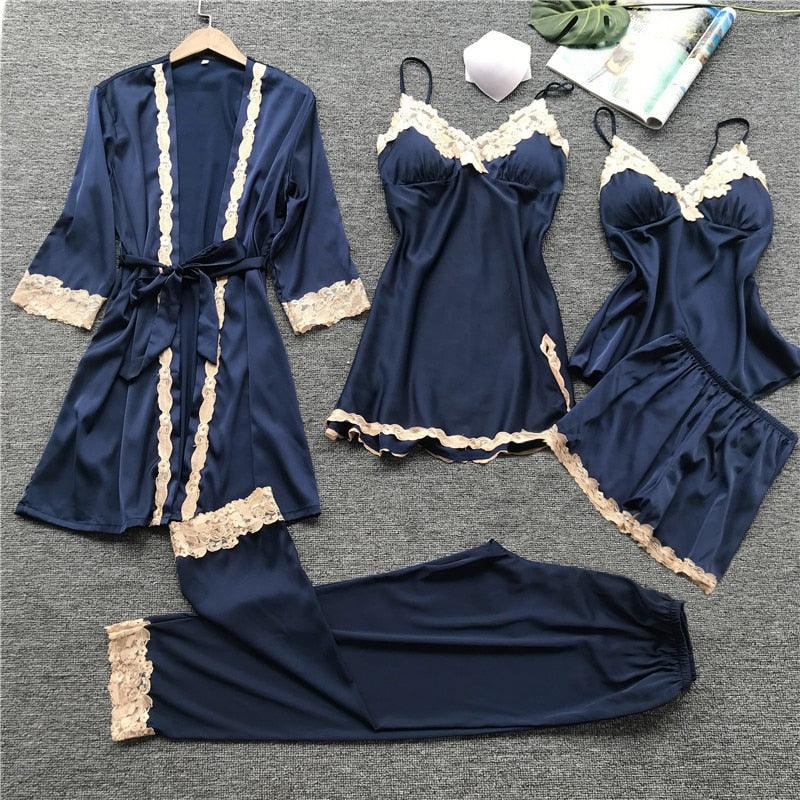 Amazing Women Sleepwear - With Chest Pads Sexy Women Pajamas Set- Lace Silk Sleep Lounge 5 Pieces Sets (ZP1)(F90)