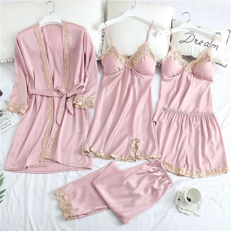 Amazing Women Sleepwear - With Chest Pads Sexy Women Pajamas Set- Lace Silk Sleep Lounge 5 Pieces Sets (ZP1)(F90)