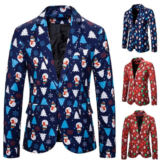 Male Blazer Christmas Snowman Printed Blazers for Men Spring Autumn Thin Costume Homme Stage Clothes for Singers (T2M)(CC5) - Deals DejaVu