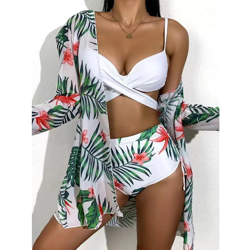 Trending New Three Pieces Bikinis Set - Cover Up Women Floral Print Push Up Swimsuit - Long Sleeve Twist Swimwear Bathing Suit (TB8D)(1U26)(F26) - Deals DejaVu