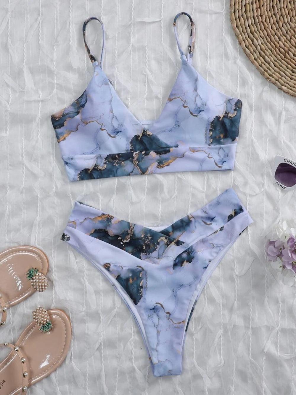 New High Waist Bikini set - Bandeau Swimsuit Sexy Marble Print Bikini Women Swimwear - Two-pieces Bather Bathing Suit (TB8D)(1U26)(F26) - Deals DejaVu