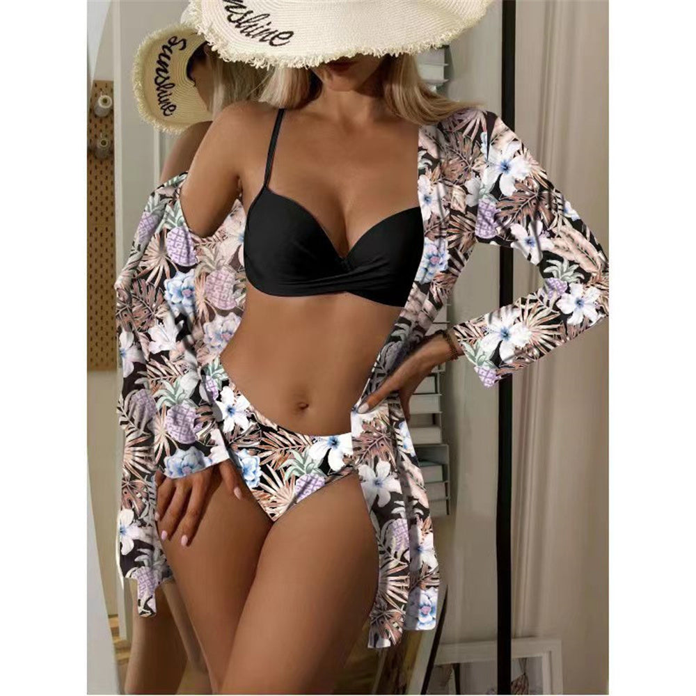 Trending New Three Pieces Bikinis Set - Cover Up Women Floral Print Push Up Swimsuit - Long Sleeve Twist Swimwear Bathing Suit (TB8D)(1U26)(F26) - Deals DejaVu