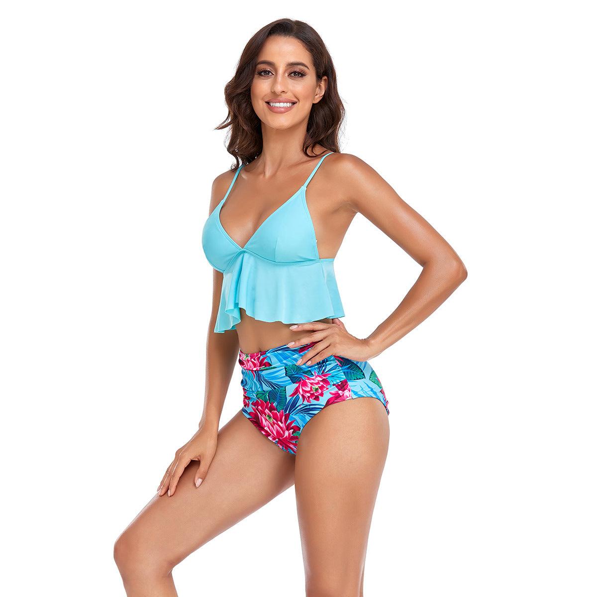 Deep V Neck Ruffles Swimwear Bikinis Sets - Women Swimsuit Two Pieces -High Waist Beach Bathing Suit Floral Beachwear (TB8D)(1U26)(F26) - Deals DejaVu