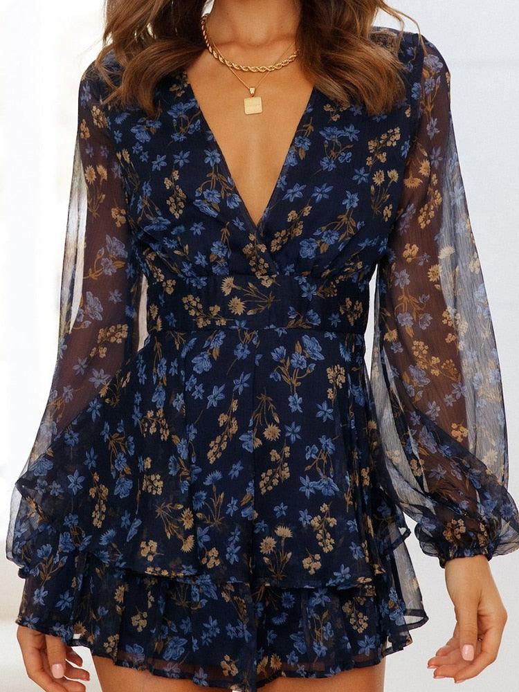 New Chiffon V Neck Women Romper Playsuit Summer Casual Long Sleeve Jumpsuits - 2022 Fashion Print Short Sets Outfit (BWD)(WS06)(F30)(2U30) - Deals DejaVu