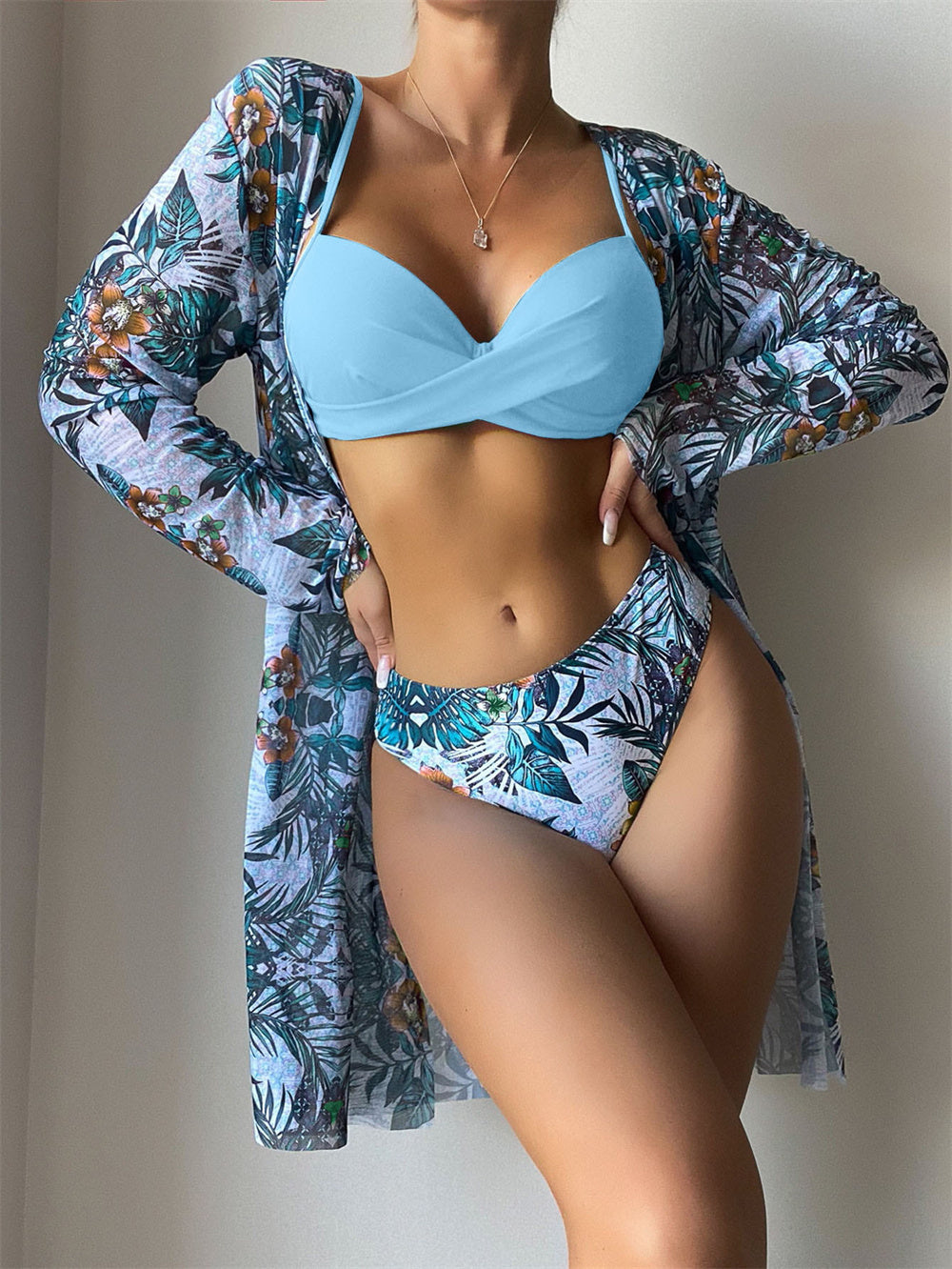Trending New Three Pieces Bikinis Set - Cover Up Women Floral Print Push Up Swimsuit - Long Sleeve Twist Swimwear Bathing Suit (TB8D)(1U26)(F26) - Deals DejaVu