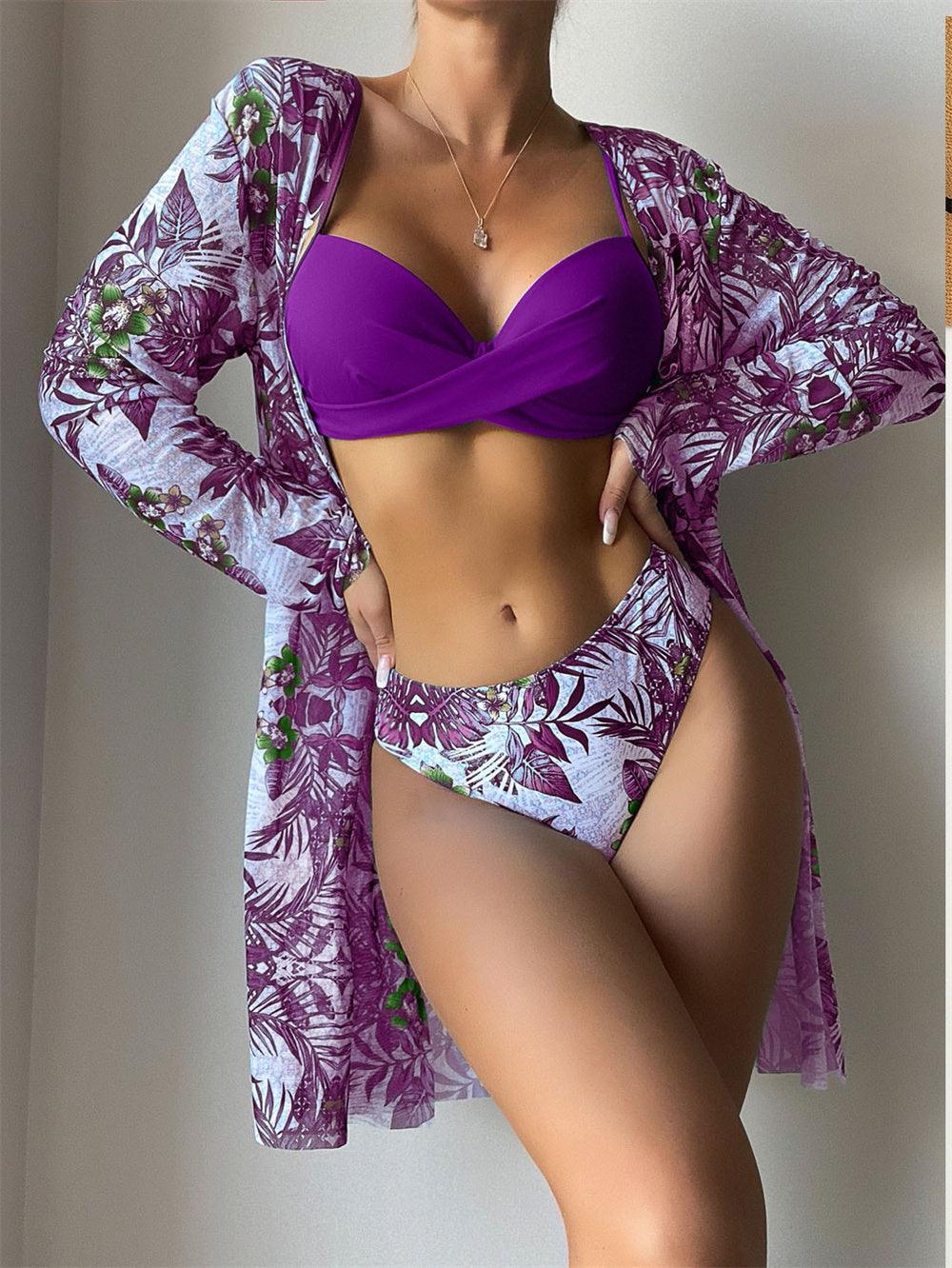 Trending New Three Pieces Bikinis Set - Cover Up Women Floral Print Push Up Swimsuit - Long Sleeve Twist Swimwear Bathing Suit (TB8D)(1U26)(F26) - Deals DejaVu