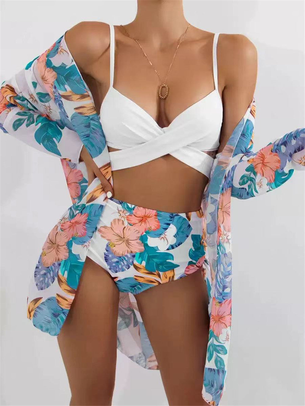 Trending New Three Pieces Bikinis Set - Cover Up Women Floral Print Push Up Swimsuit - Long Sleeve Twist Swimwear Bathing Suit (TB8D)(1U26)(F26) - Deals DejaVu