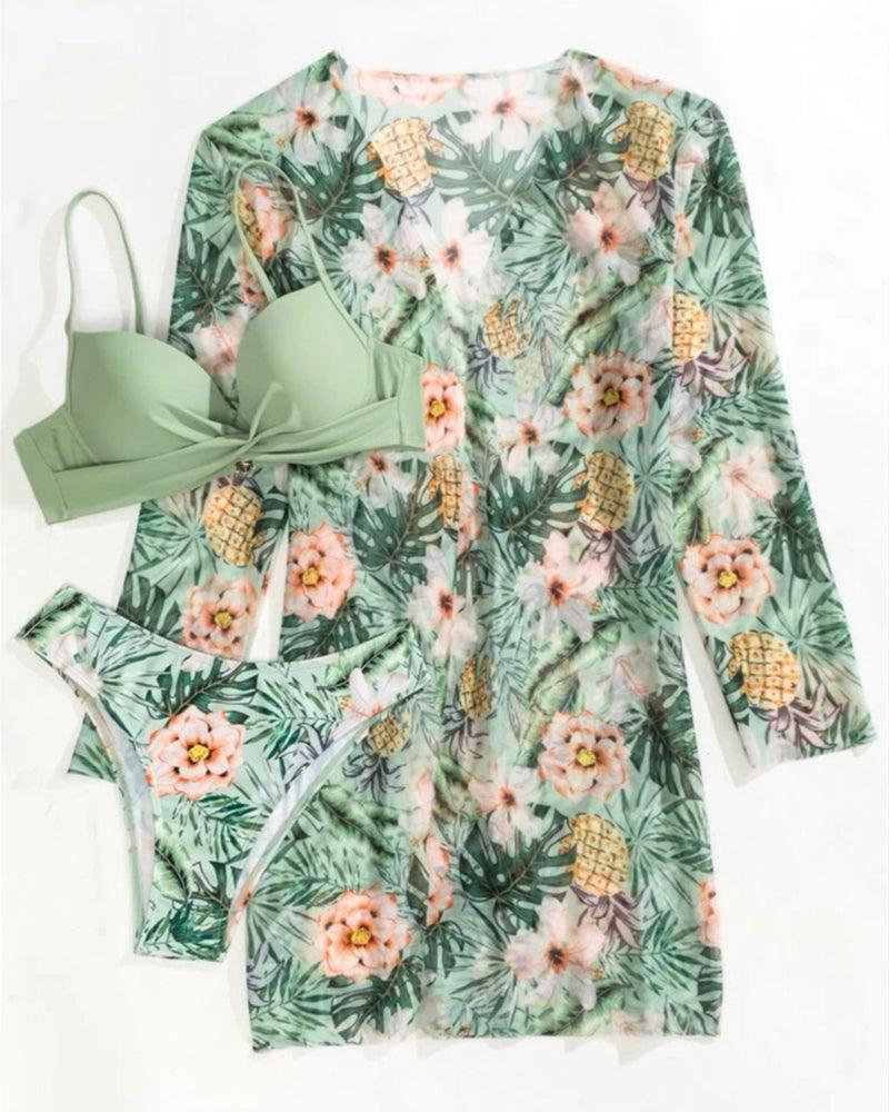 Great Floral Twist Low Waist Bikini Set - Cover Up Swimsuit For Women Push Up Long Sleeve Three Pieces Swimwear - Beach Bathing Suits (TB8D)(1U26)(F26) - Deals DejaVu
