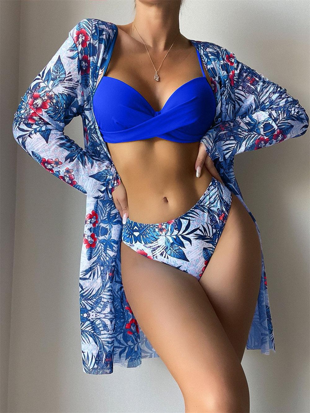 Trending New Three Pieces Bikinis Set - Cover Up Women Floral Print Push Up Swimsuit - Long Sleeve Twist Swimwear Bathing Suit (TB8D)(1U26)(F26) - Deals DejaVu