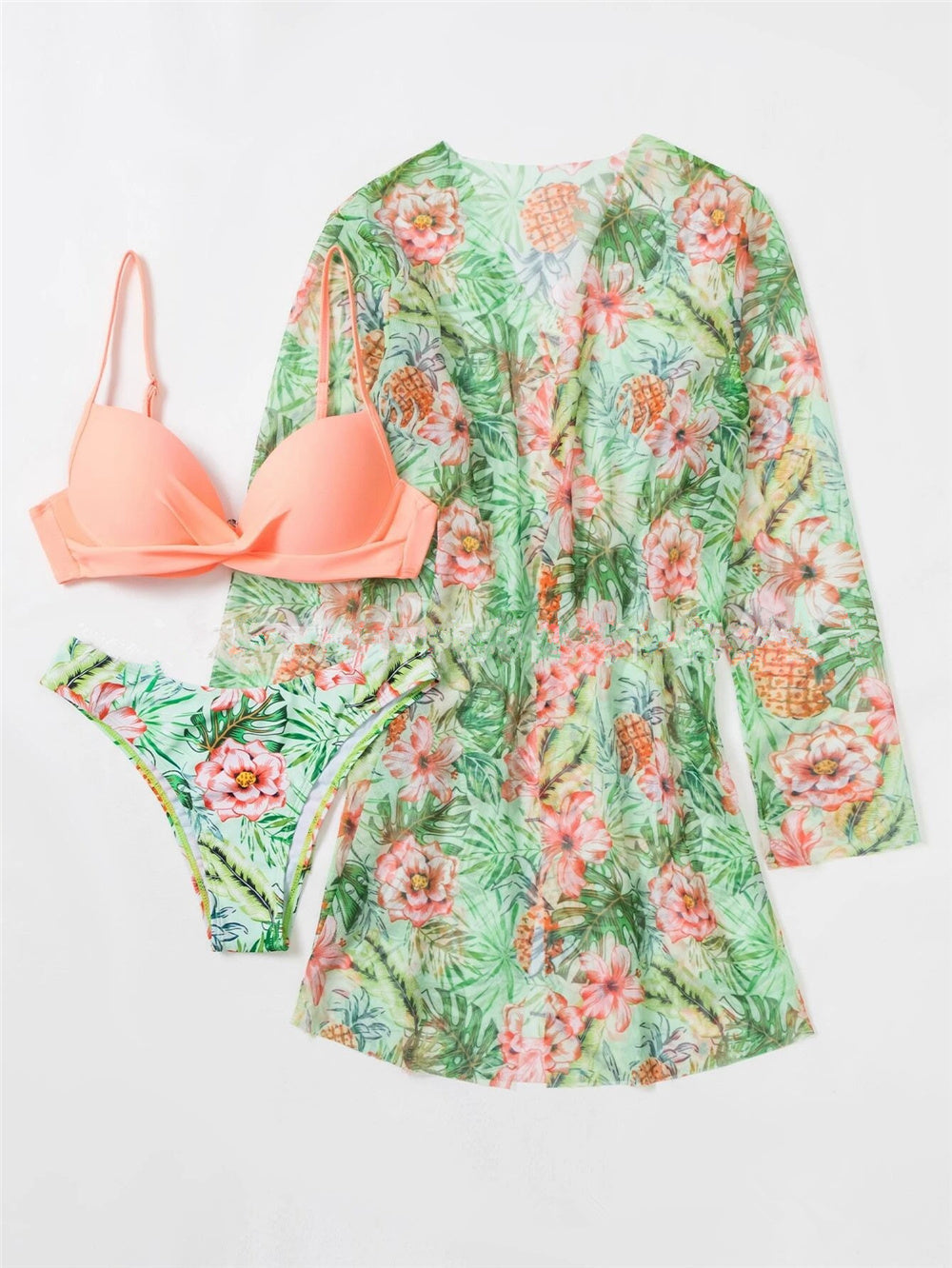 Trending New Three Pieces Bikinis Set - Cover Up Women Floral Print Push Up Swimsuit - Long Sleeve Twist Swimwear Bathing Suit (TB8D)(1U26)(F26) - Deals DejaVu