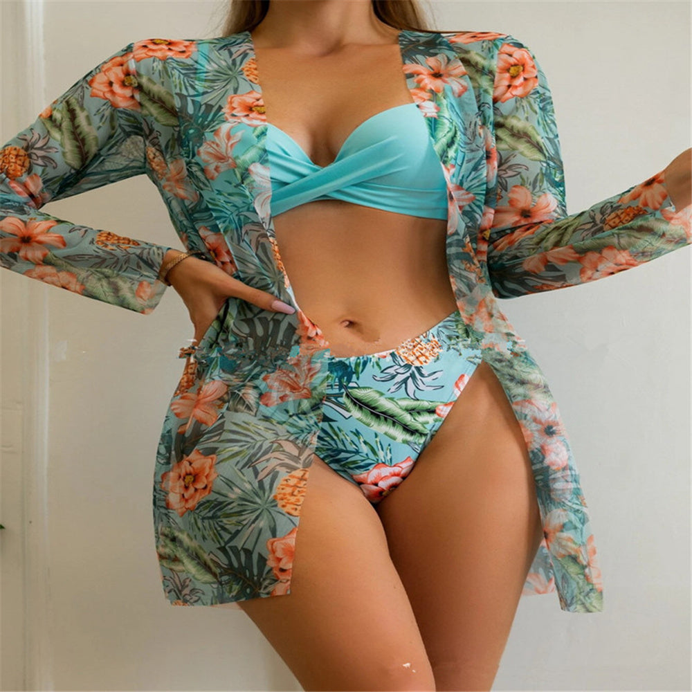 Trending New Three Pieces Bikinis Set - Cover Up Women Floral Print Push Up Swimsuit - Long Sleeve Twist Swimwear Bathing Suit (TB8D)(1U26)(F26) - Deals DejaVu