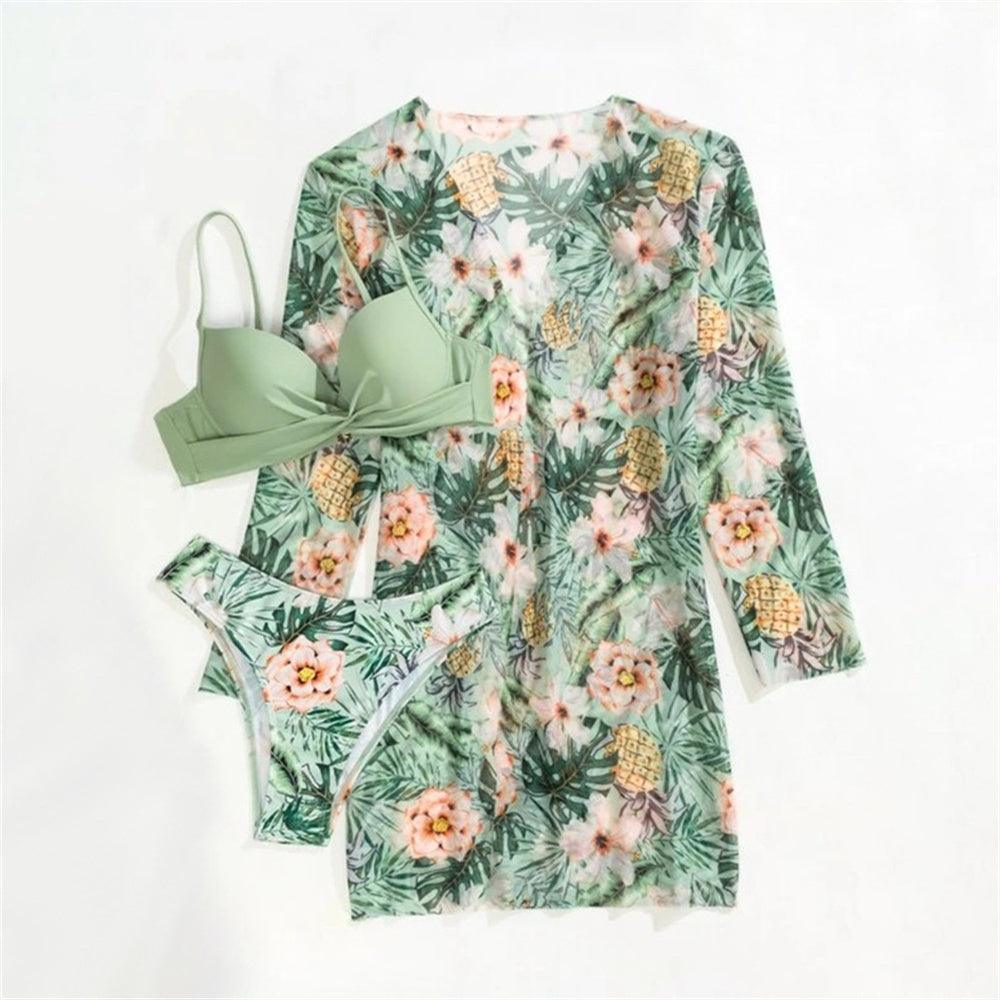 Trending New Three Pieces Bikinis Set - Cover Up Women Floral Print Push Up Swimsuit - Long Sleeve Twist Swimwear Bathing Suit (TB8D)(1U26)(F26) - Deals DejaVu