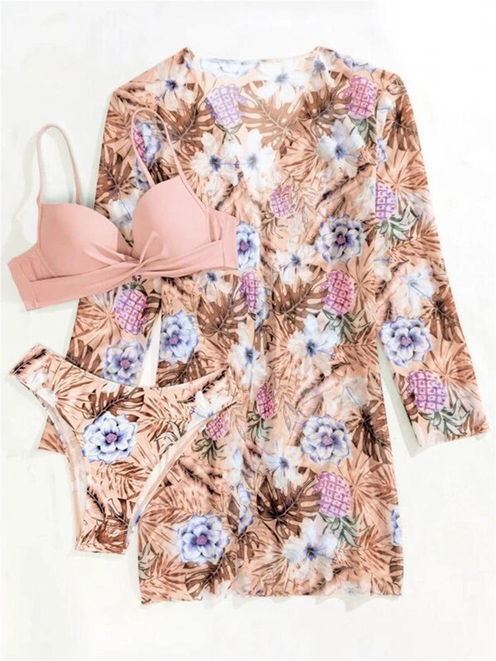 Trending New Three Pieces Bikinis Set - Cover Up Women Floral Print Push Up Swimsuit - Long Sleeve Twist Swimwear Bathing Suit (TB8D)(1U26)(F26) - Deals DejaVu