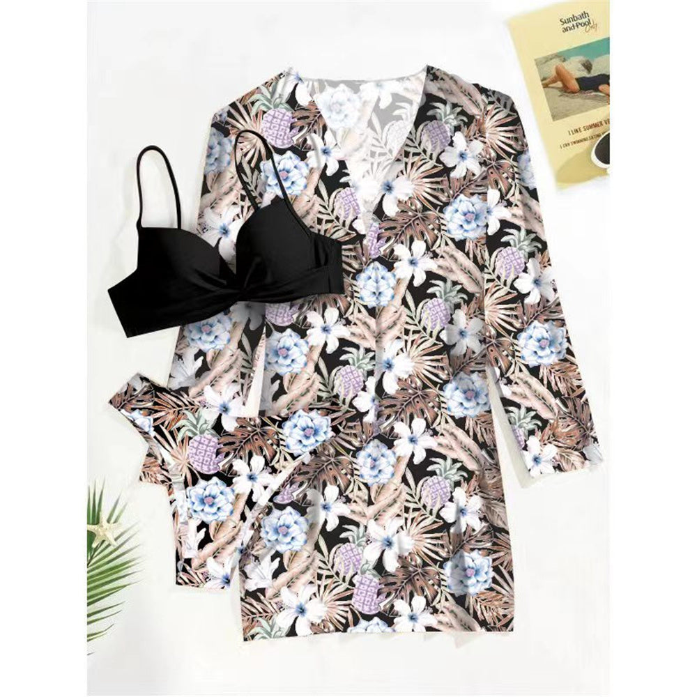Trending New Three Pieces Bikinis Set - Cover Up Women Floral Print Push Up Swimsuit - Long Sleeve Twist Swimwear Bathing Suit (TB8D)(1U26)(F26) - Deals DejaVu